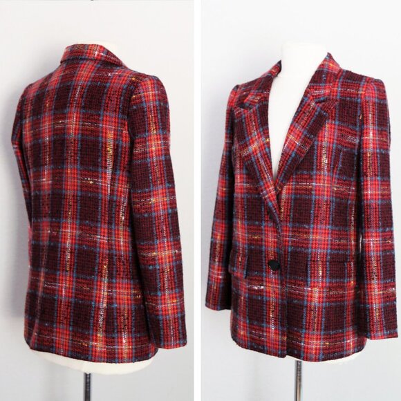 Halogen Nordstrom Avondale Tweed Plaid Wool Blend Blazer Jacket Coat S $149 Red - Picture 13 of 16